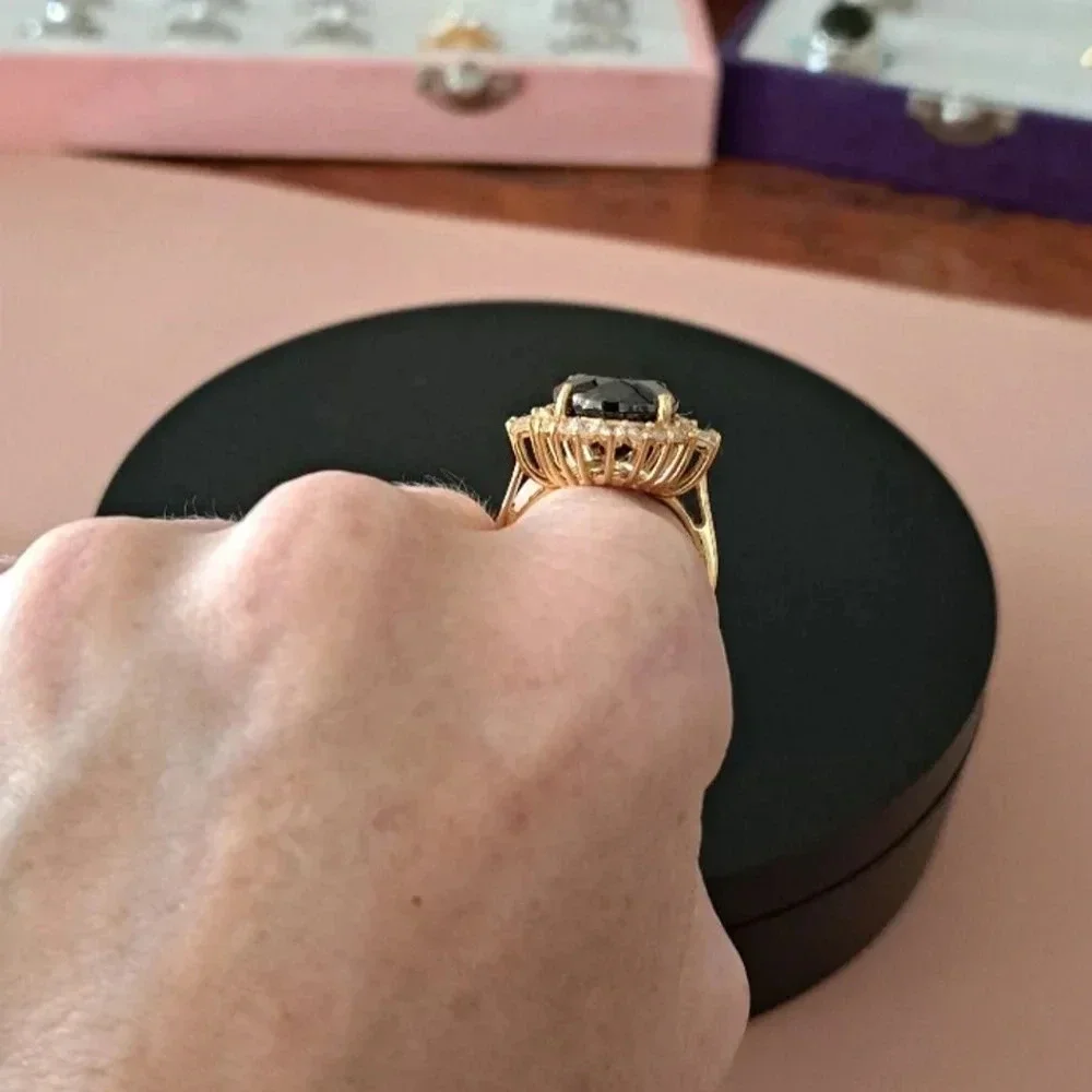 Elite Shungite and Natural White Zircon Halo Ring In 18kt YG Vermeil.